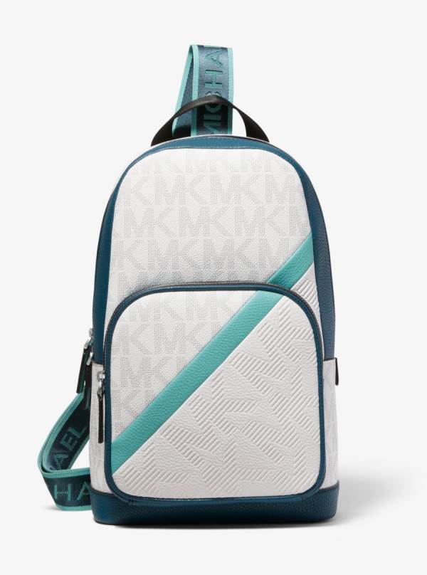 Panske Crossbody Kabelka Michael Kors Cooper Embossed Faux Leather and Logo Stripe Sling Pack Biele Zelene - Tasky Michael Kors Akcia | BVDTF-6751